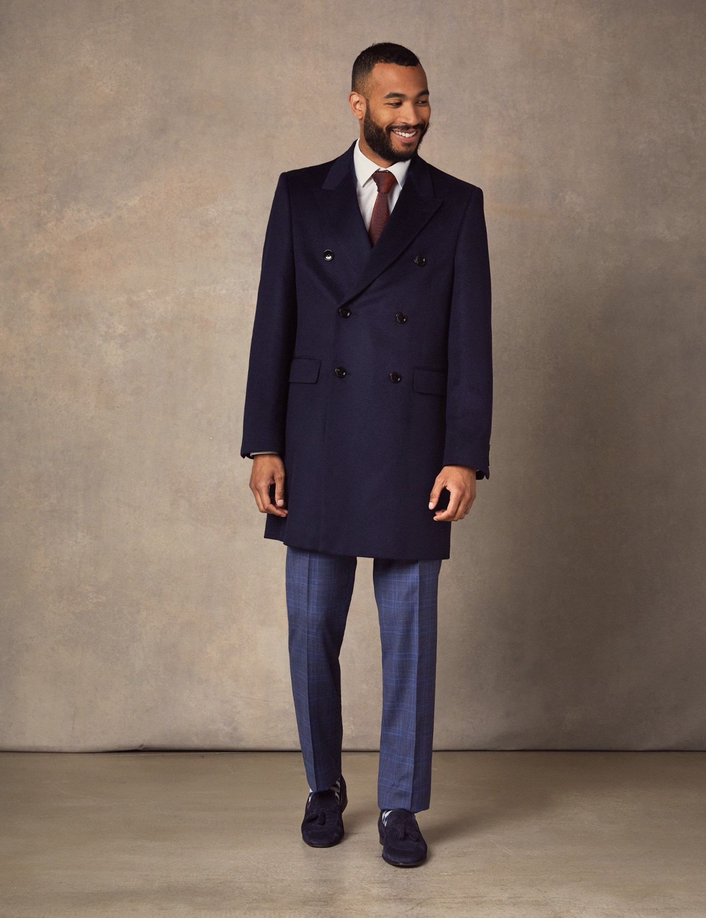 Wool Cashmere Mens Overcoat With Double Breasted In Navy Hawes