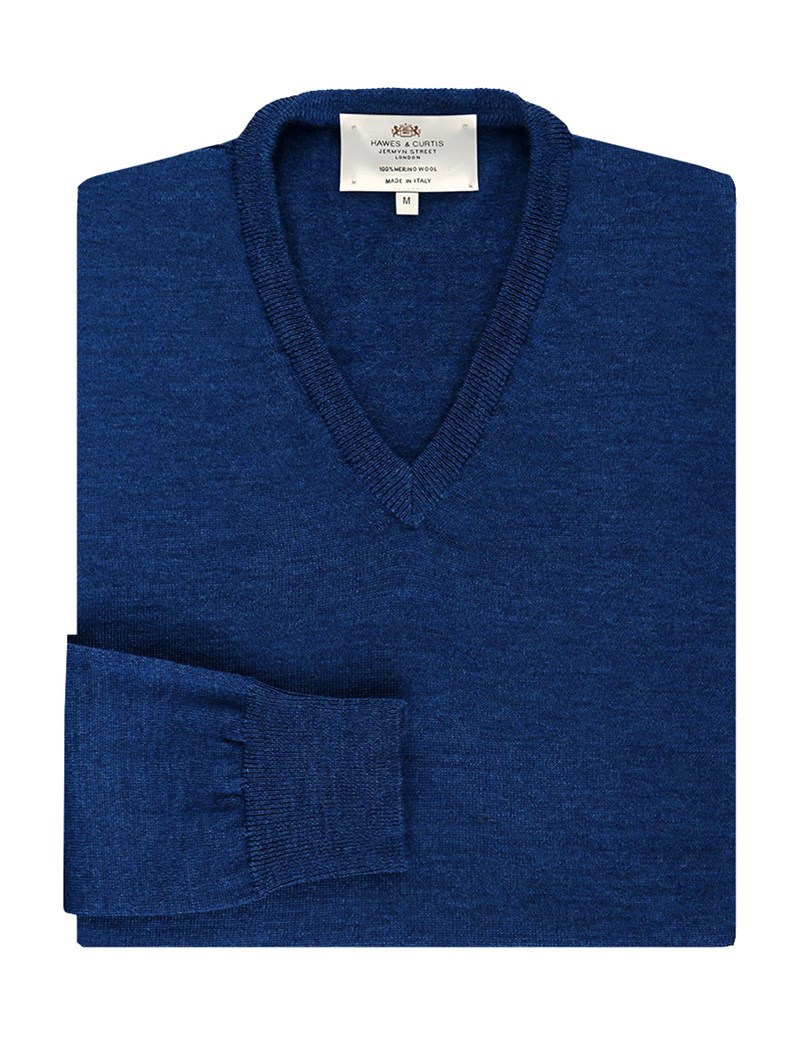 Men S Blue V Neck Merino Wool Jumper Slim Fit Hawes Curtis