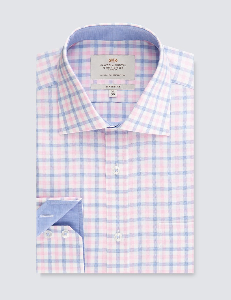 Men S Dress Pink Blue Multi Plaid Classic Fit Shirt Single Cuff