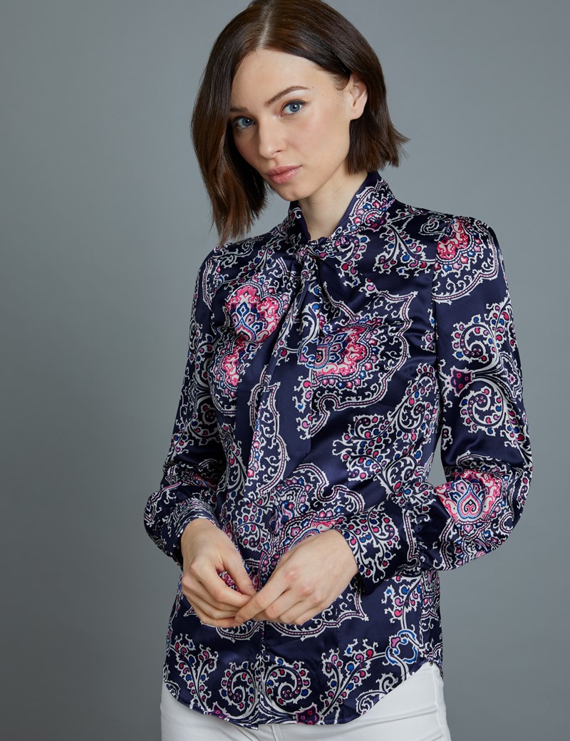 Women S Navy White Paisley Fitted Satin Blouse Single Cuff Pussy