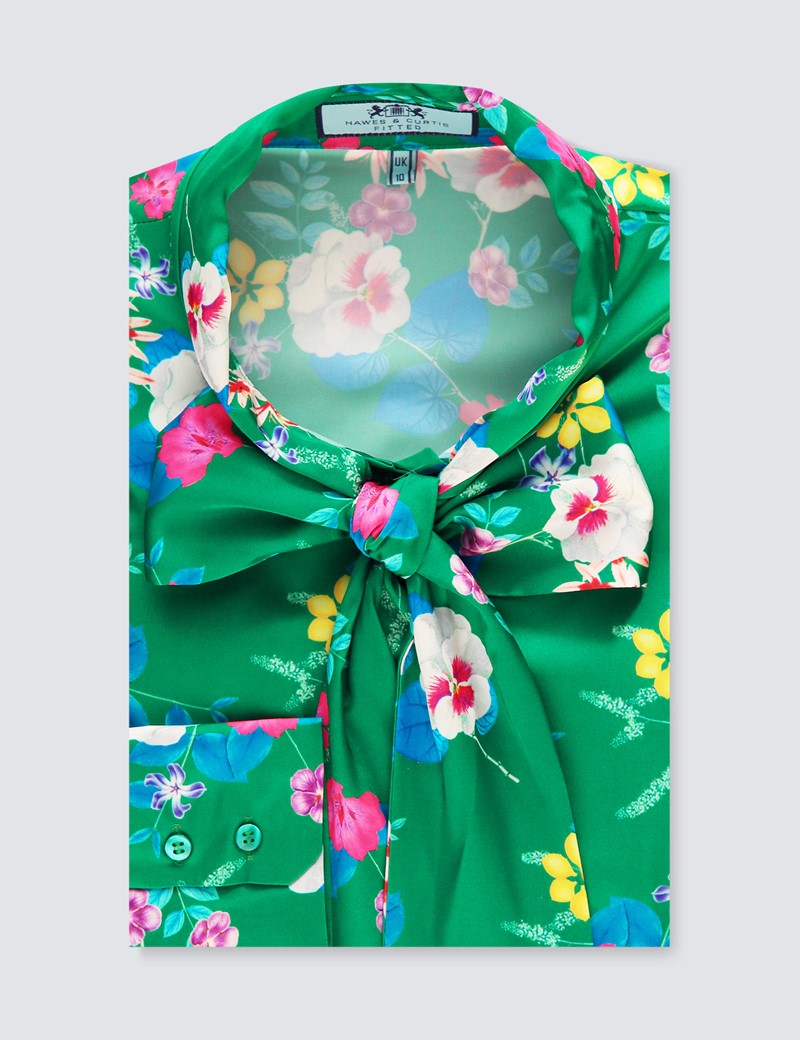 Satin Women S Fitted Shirt With Multi Floral Print And Pussy Bow In