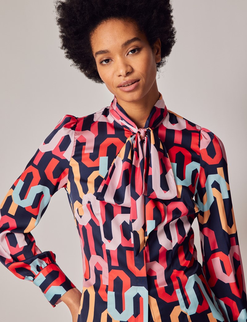 Women S Navy Pink Geometric Print Pussy Bow Blouse