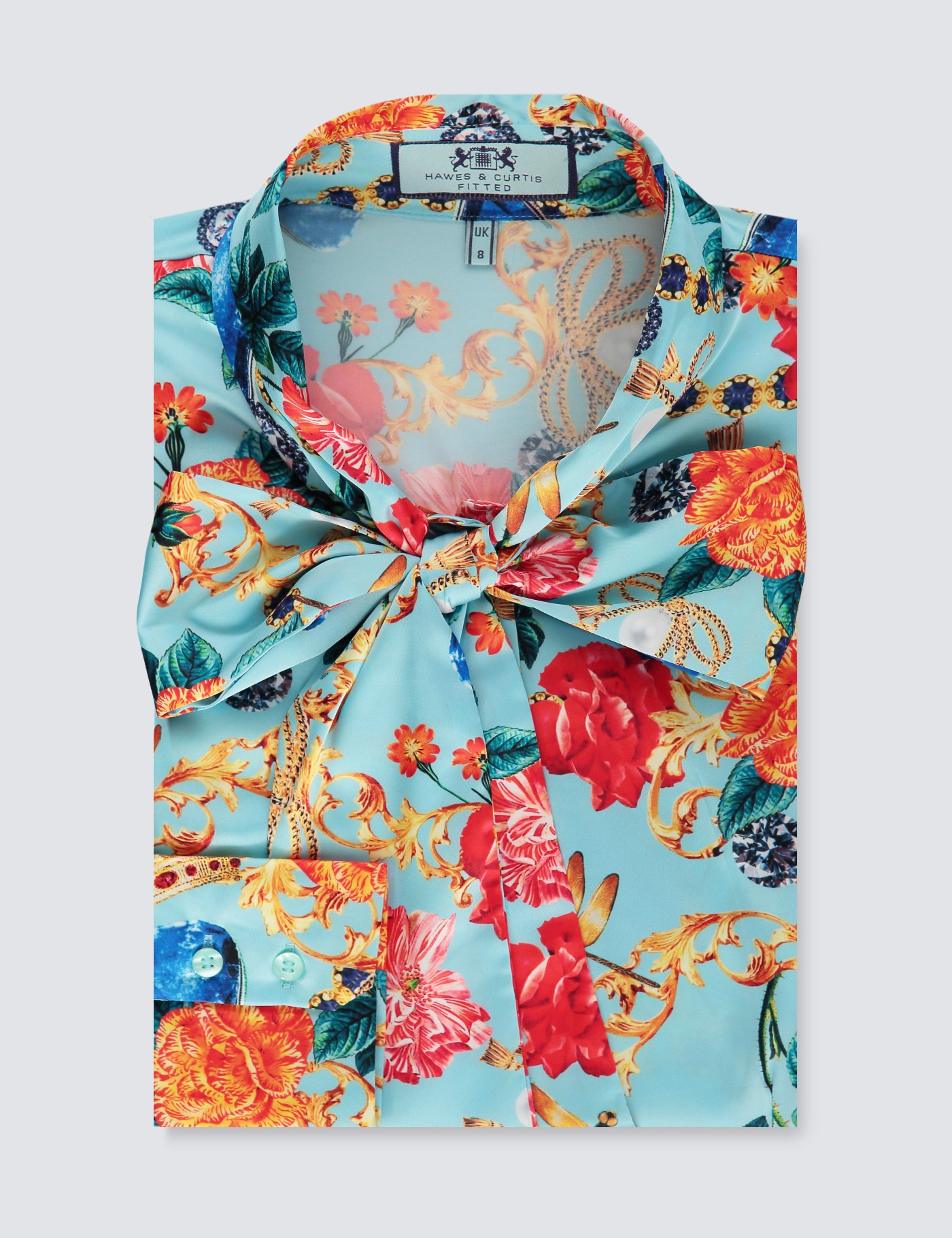 Women S Blue Red Floral Fitted Satin Blouse Single Cuff Pussy Bow