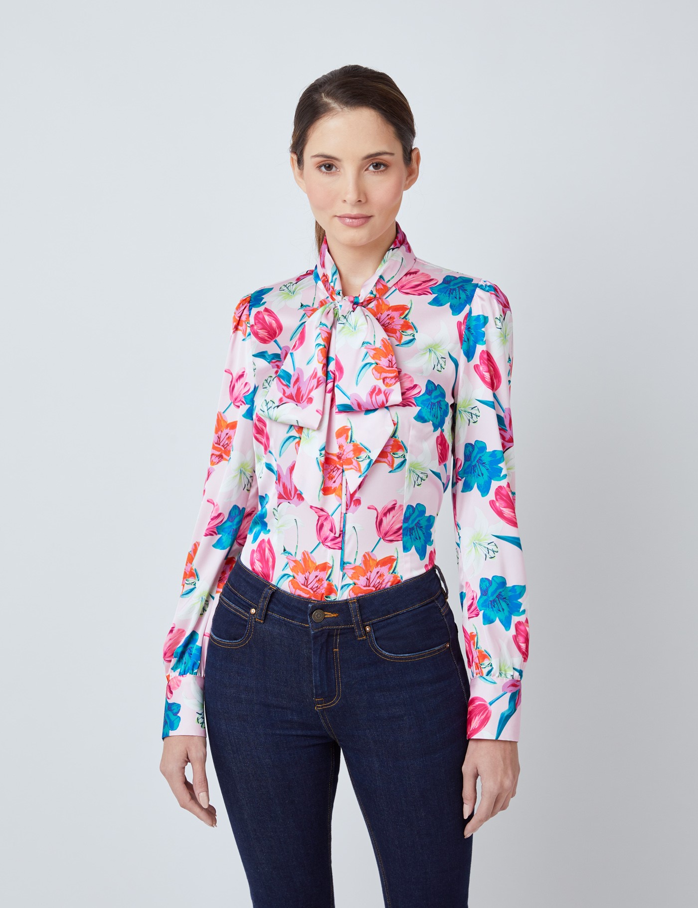 Satin Floral Print Women S Fitted Blouse With Single Cuff And Pussy Bow