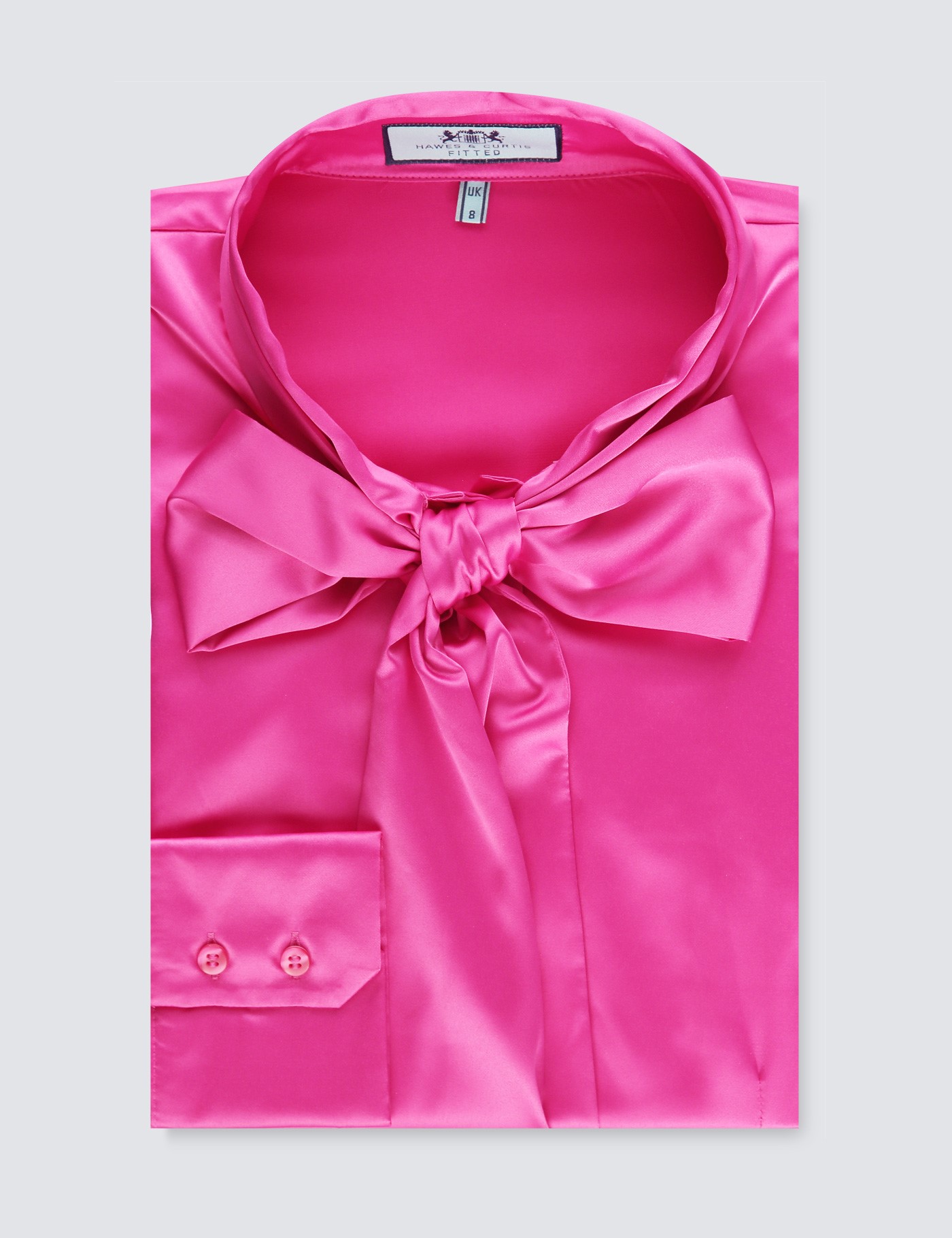 Women S Hot Pink Satin Fitted Shirt Single Cuff Pussy Bow Hawes