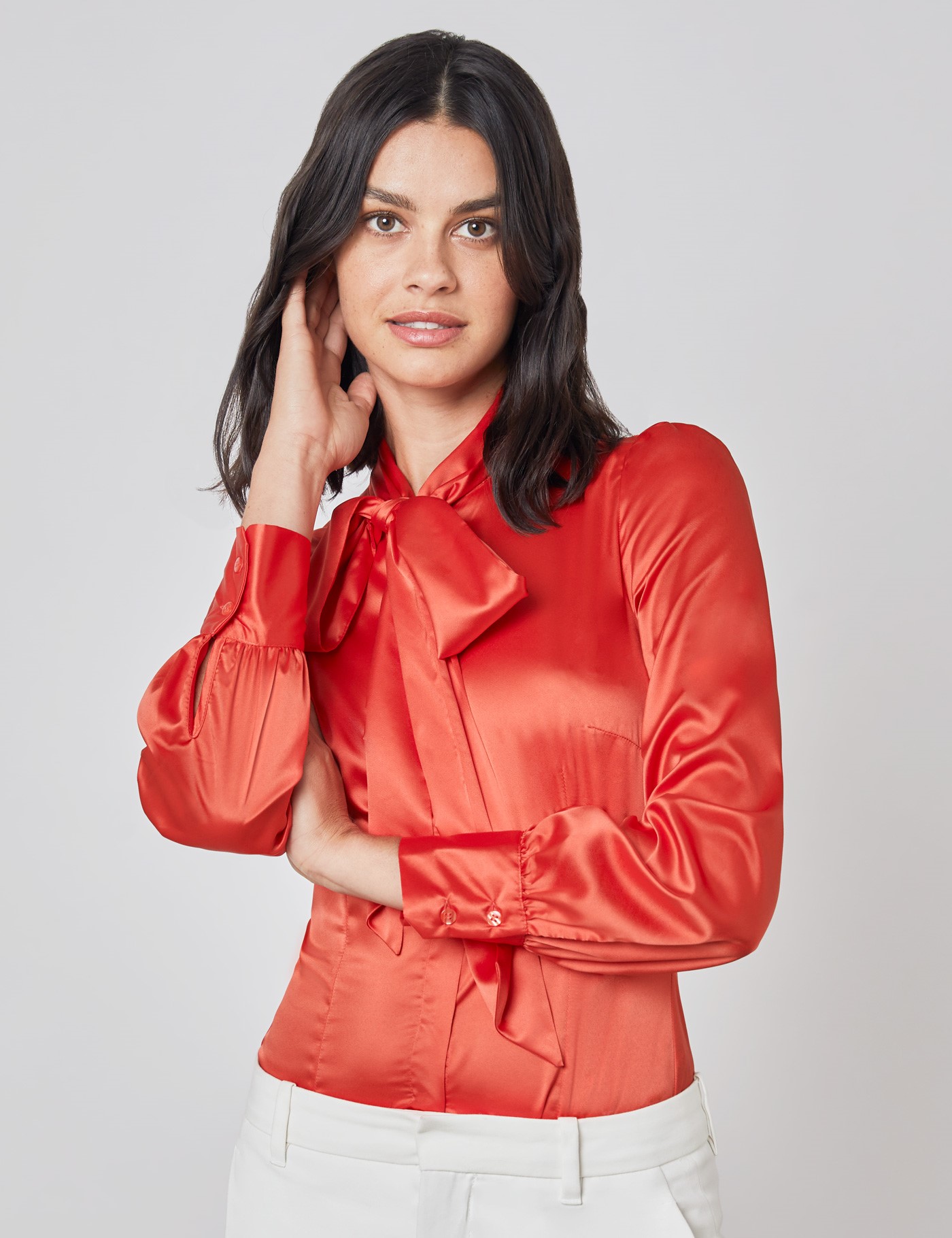 Plain Satin Women S Fitted Blouse With Single Cuff And Pussy Bow In