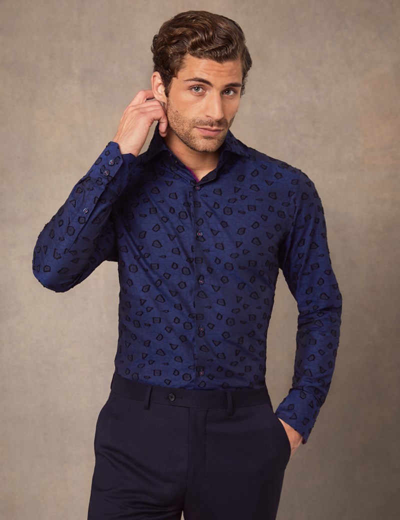 Men S Curtis Dark Blue Textured Jacquard Slim Fit Shirt With Contrast