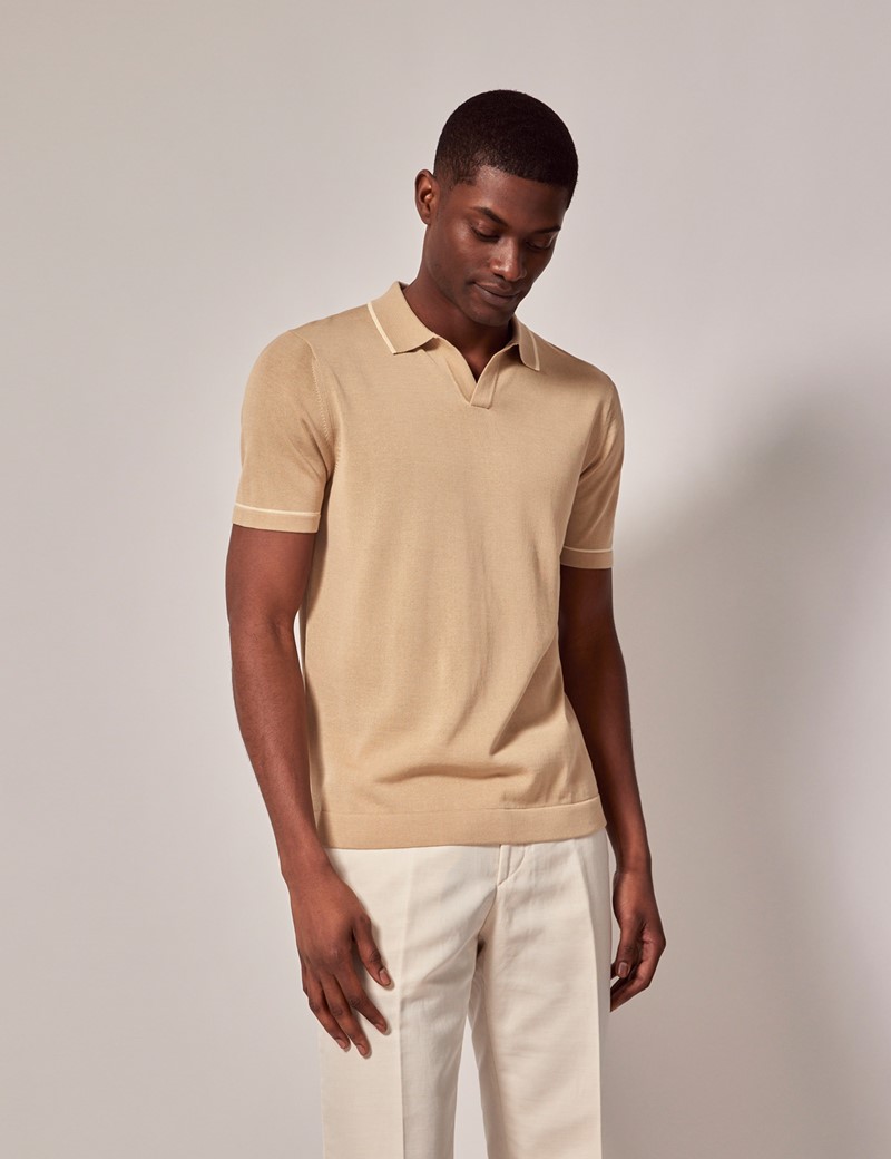 Strick Polo Beige Streifen Offener Kragen Hawes Curtis