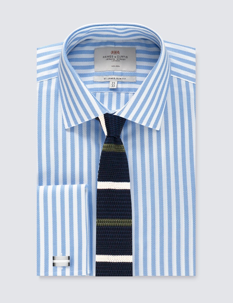 Men S Formal Blue White Bold Stripe Slim Fit Shirt Double Cuff