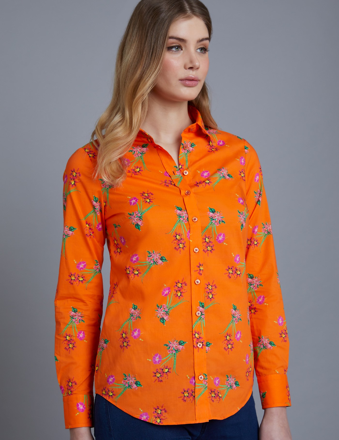 Women's Orange & Red Floral Semifitted Cotton Shirt