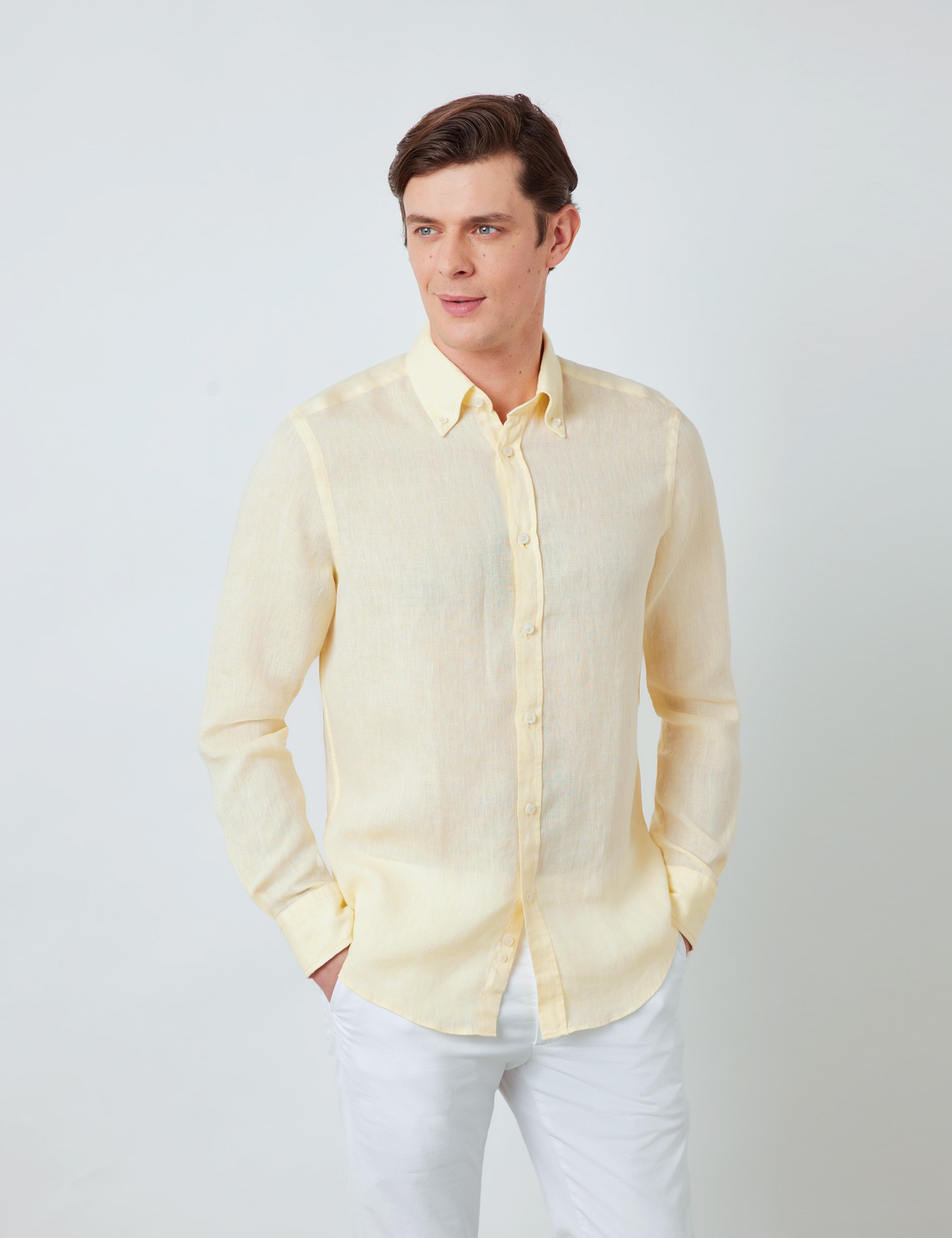 Linen Relaxed Slim Fit Shirt With Button Down Collar And Single Cuffs