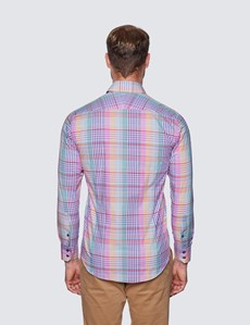 Men's Curtis Blue & Pink Small Check Relaxed Slim Fit Shirt – Button Down Collar 