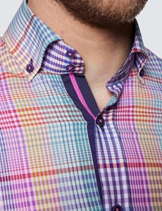 Men's Curtis Blue & Pink Small Check Relaxed Slim Fit Shirt – Button Down Collar 