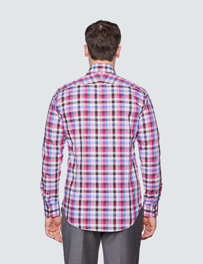 Men's Curtis Pink & Blue Gingham Check Relaxed Slim Fit Shirt – Button Down Collar 