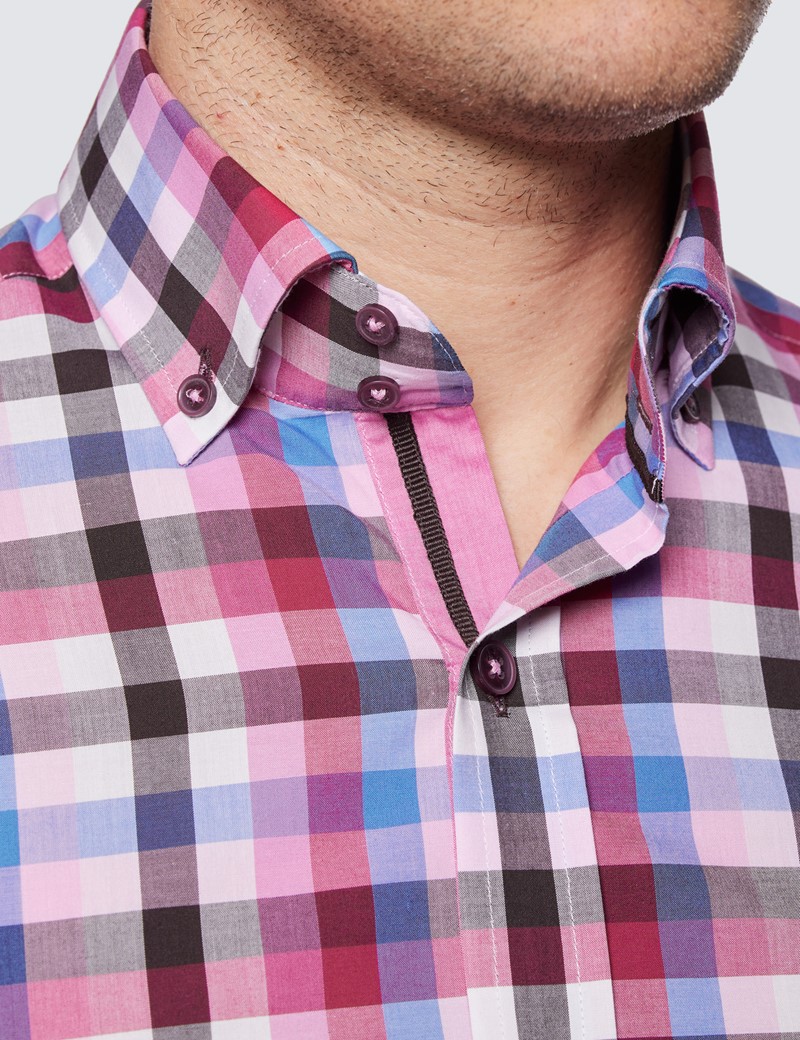 Men's Curtis Pink & Blue Gingham Check Relaxed Slim Fit Shirt – Button Down Collar 