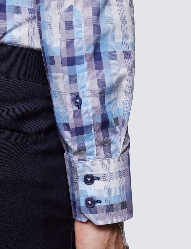 Men's Curtis Blue & White Multi Check Relaxed Slim Fit Shirt – Button Down Collar 