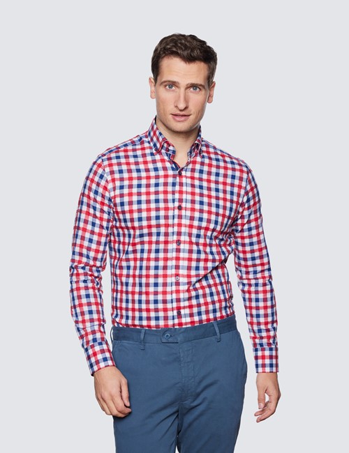 Men's Curtis Red & White Check Relaxed Slim Fit Shirt – Button Down Collar 