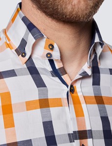 Men's Curtis White & Orange Large Check Relaxed Slim Fit Shirt – Button Down Collar 