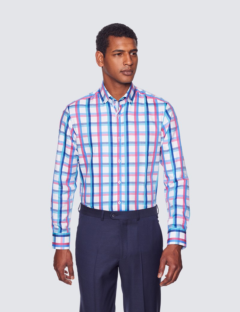Curtis White & Blue Check Relaxed Slim Fit Shirt Button Down Collar