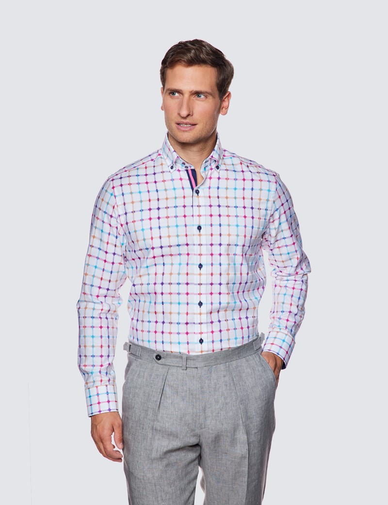 Curtis White & Pink Check Relaxed Slim Fit Shirt – Button Down Collar