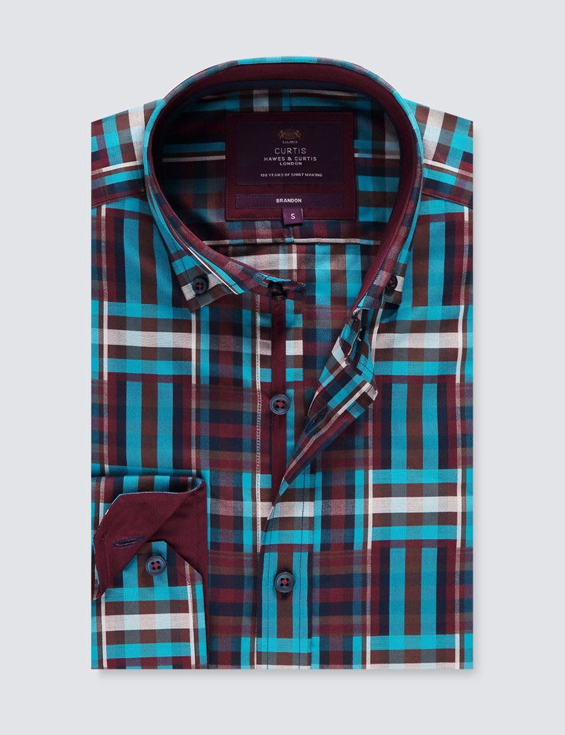 Men's Curtis Blue & Pink Brandon Check Relaxed Slim Fit Shirt – Button Down Collar 