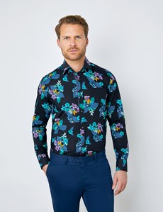 Men's Curtis Black & Green Floral Printed Relaxed Slim Fit Shirt – Button Down Collar 