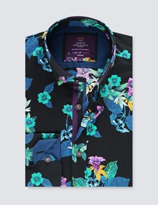 Men's Curtis Black & Green Floral Printed Relaxed Slim Fit Shirt – Button Down Collar 