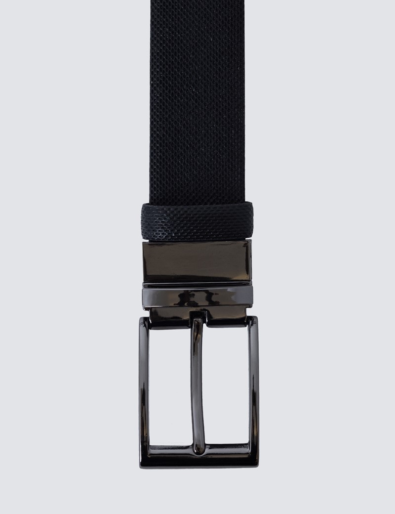 Men's Black Textured Reversible Leather Belt | Hawes & Curtis