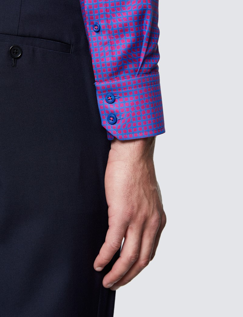 Men's Curtis Blue and Red Small Squares Slim Fit Cotton Shirt - Low Collar