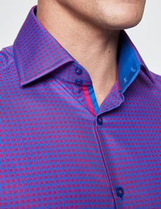 Men's Curtis Blue and Red Small Squares Slim Fit Cotton Shirt - Low Collar