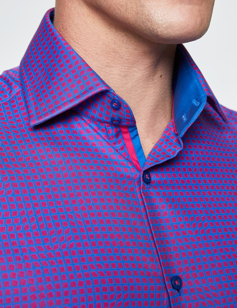 Men's Curtis Blue and Red Small Squares Slim Fit Cotton Shirt - Low Collar