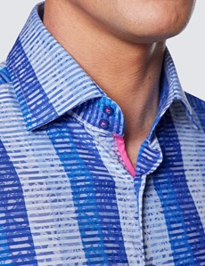 Men's Curtis Light Blue & Dark Blue Dobby Stripe Relaxed Slim Fit Cotton Shirt - Low Collar