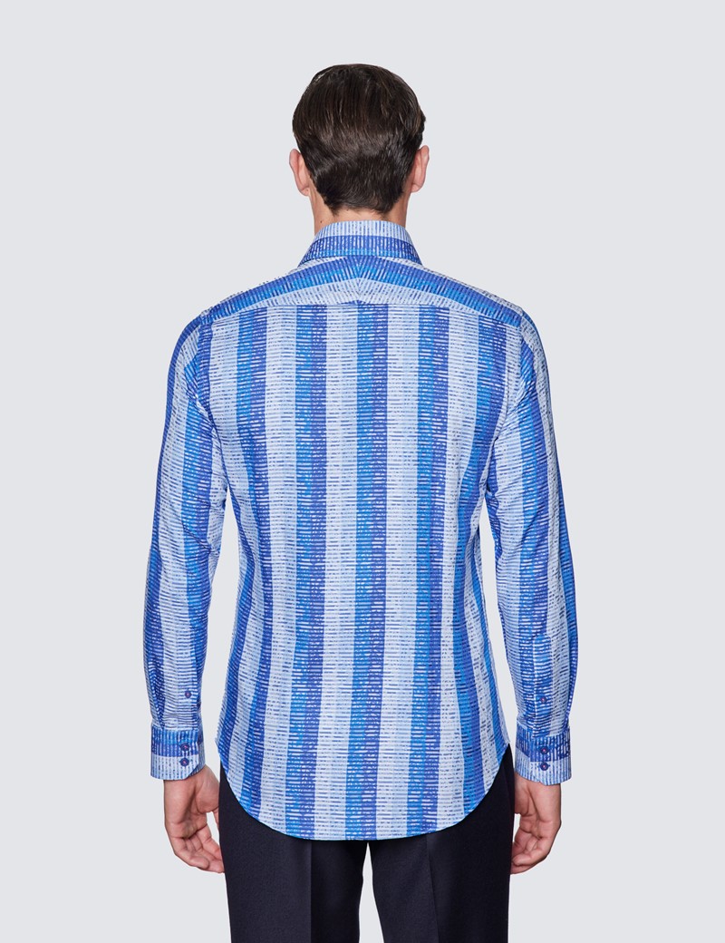 Men's Curtis Light Blue & Dark Blue Dobby Stripe Relaxed Slim Fit Cotton Shirt - Low Collar