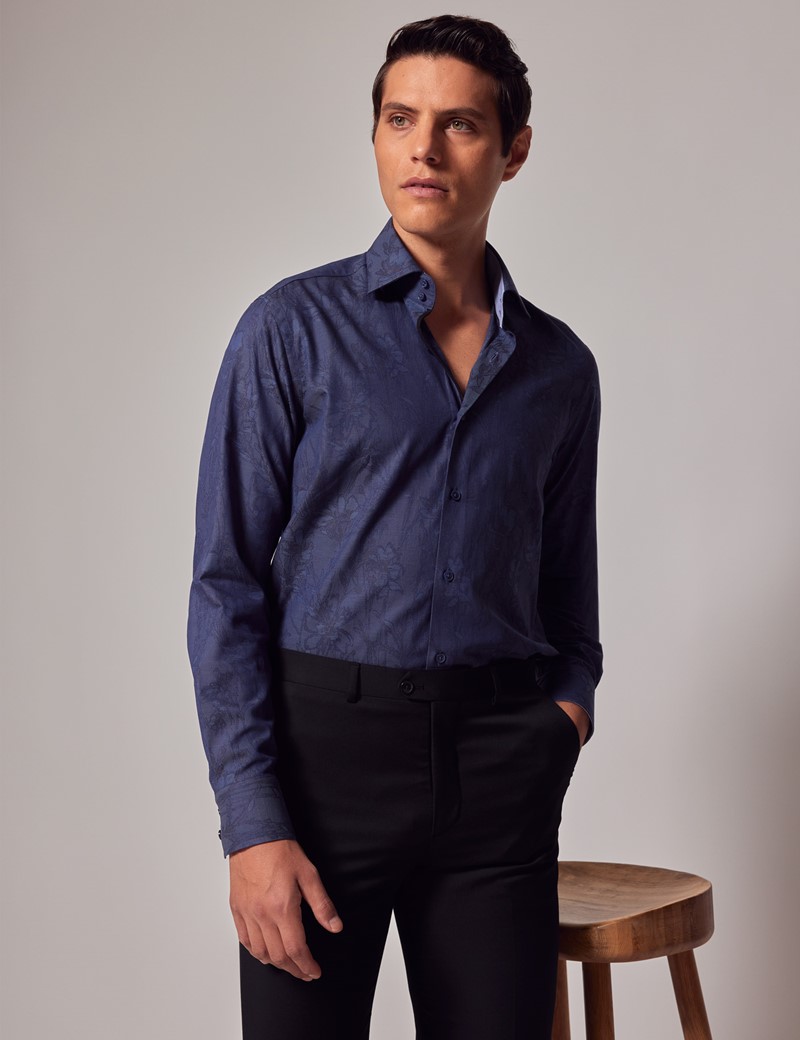 Men's Blue Floral Jacquard Slim Shirt - Mid-Collar | Hawes & Curtis