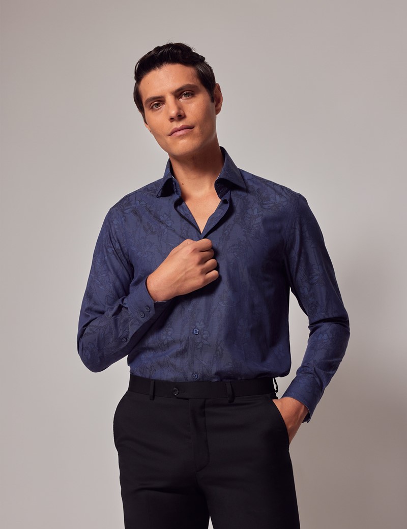 Men's Blue Floral Jacquard Slim Shirt - Mid-Collar | Hawes & Curtis