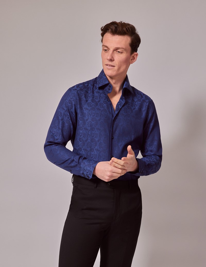 Navy Paisley Jacquard Slim Shirt - Mid-Collar
