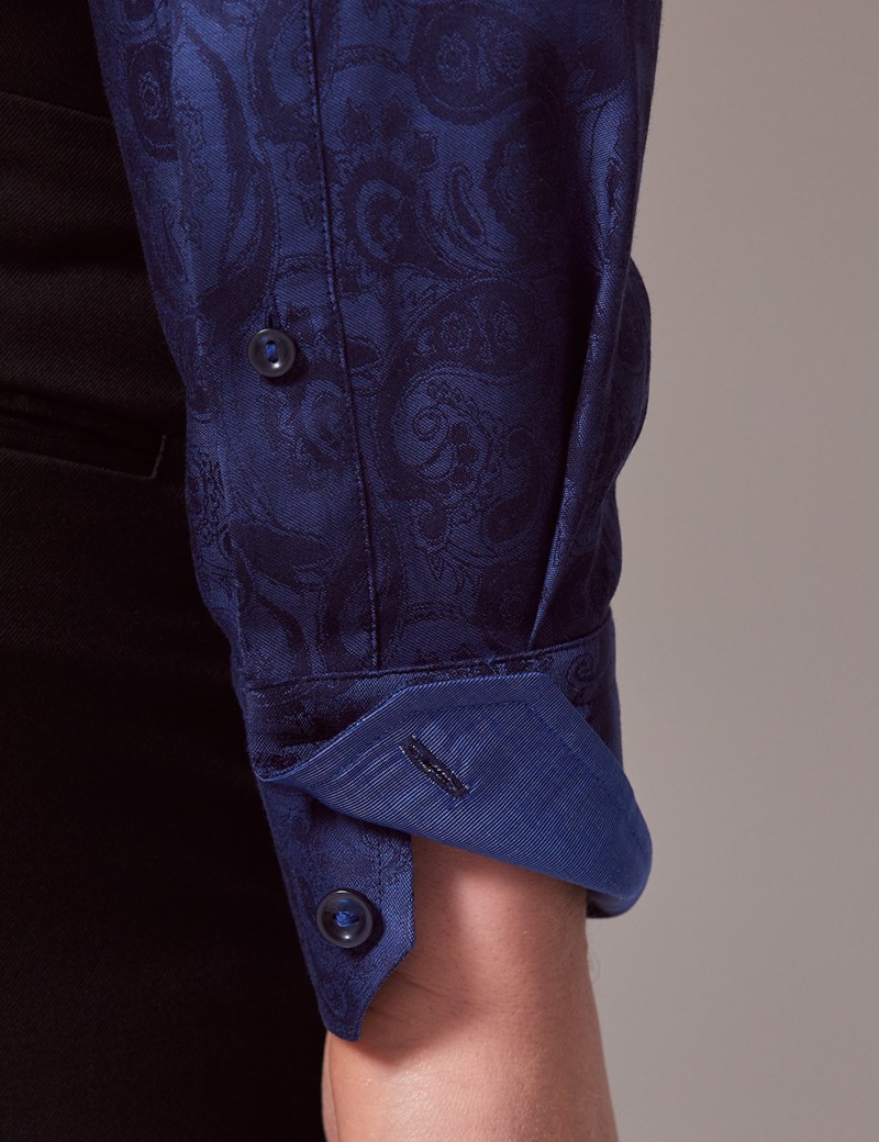 Men's Navy Paisley Jacquard Slim Shirt - Mid-Collar | Hawes