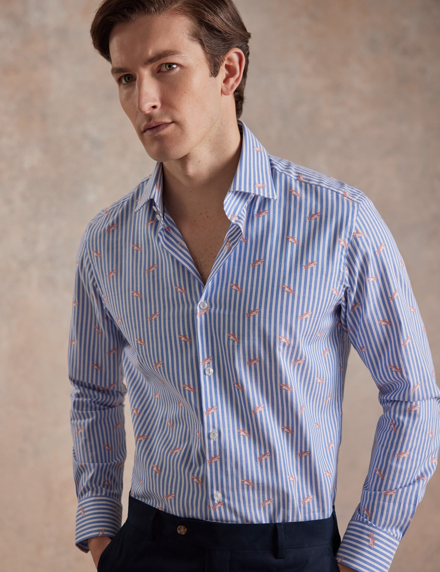 & Slim Fit Blue & Dobby Shark Stripe Shirt