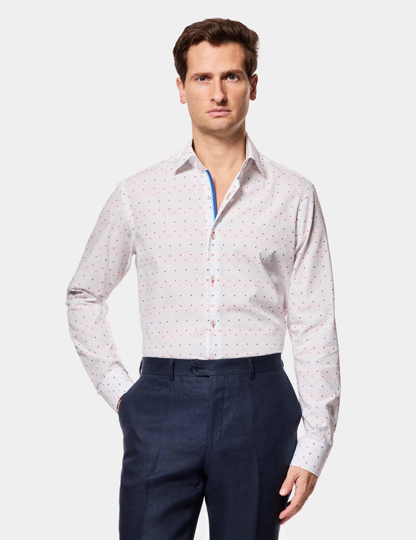 Hawes & Curtis Slim Fit White & Blue Dobby Spot Curtis Shirt Size: XS