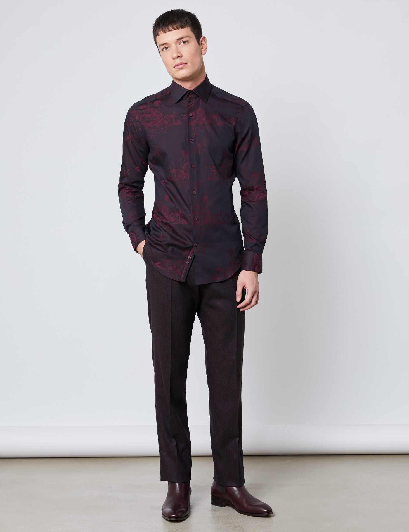 Men's Curtis Black & Burgundy Jacquard Floral Slim Fit Shirt Single