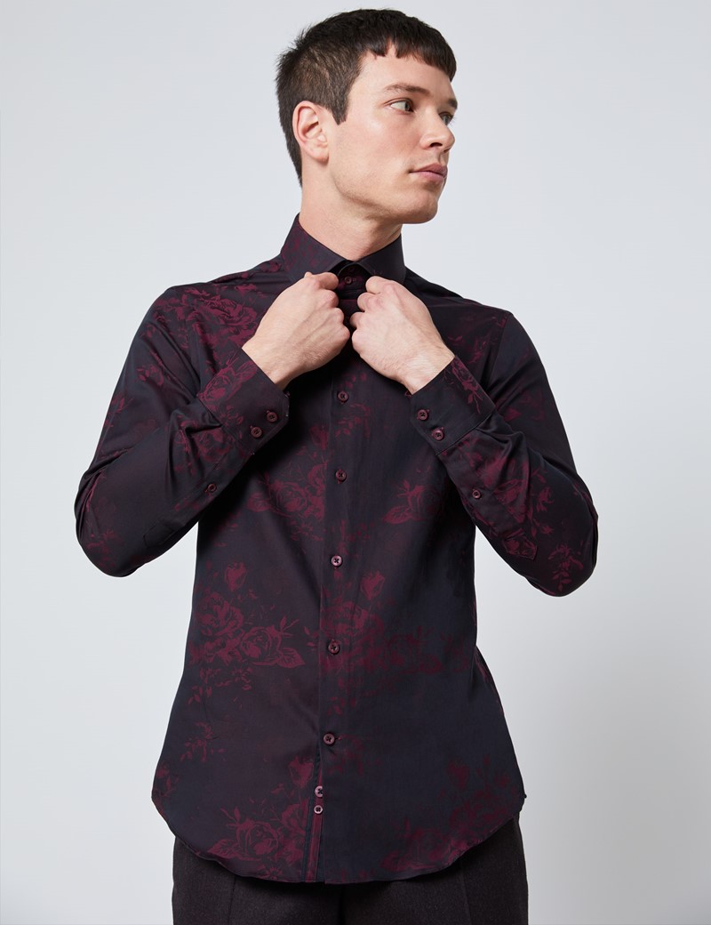 Men's Curtis Black & Burgundy Jacquard Floral Slim Fit Shirt - Single ...