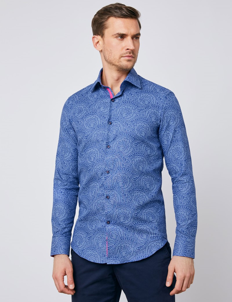 Men's Curtis Blue & Navy Jacquard Paisley Slim Fit Shirt - Single Cuff ...