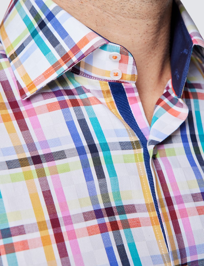 Men's Curtis White & Pink Medium Checks Relaxed Slim Fit Shirt – Low Collar