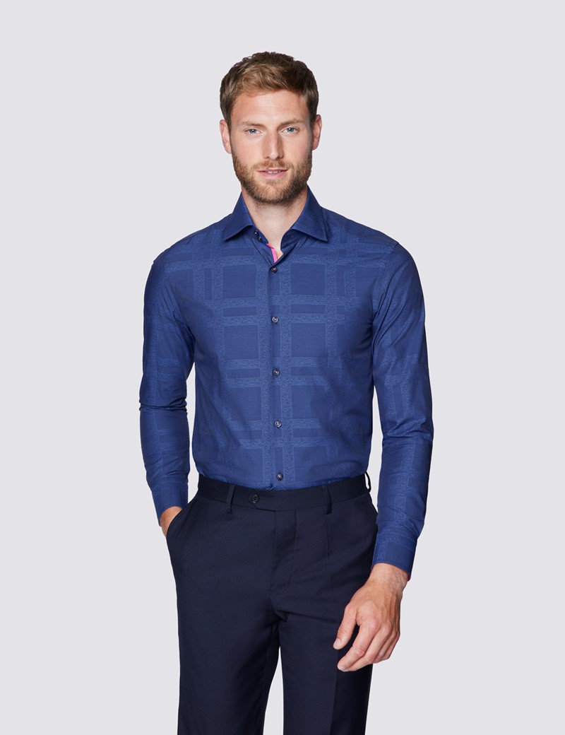 Men's Curtis Navy Large Check Relaxed Slim Fit Shirt – Low Collar