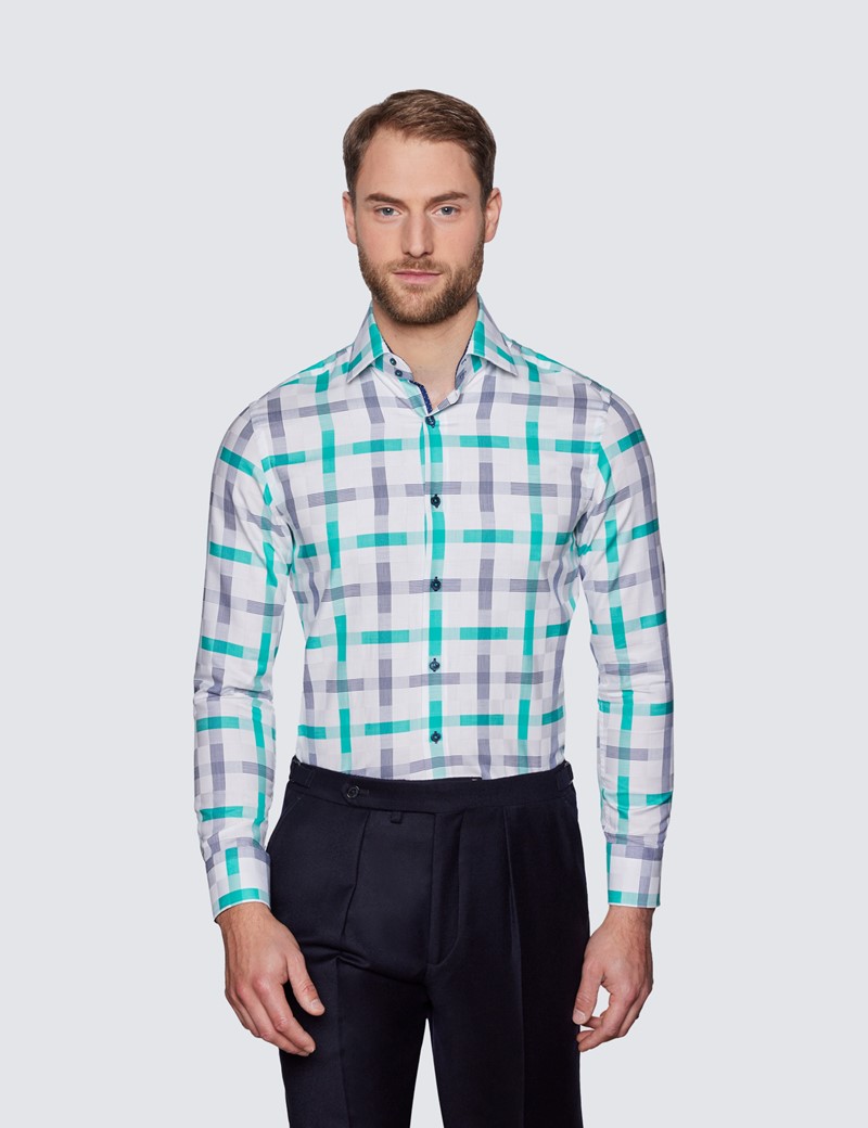 Men's Curtis White & Green Large Check Relaxed Slim Fit Shirt - Low Collar