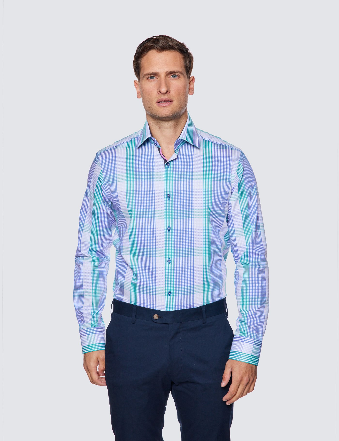 Men's Casual Blue & Green Check Slim Shirt