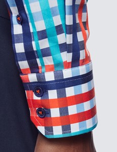 Curtis White & Navy Multi Colour Gingham Check Relaxed Slim Fit Shirt - Low Collar
