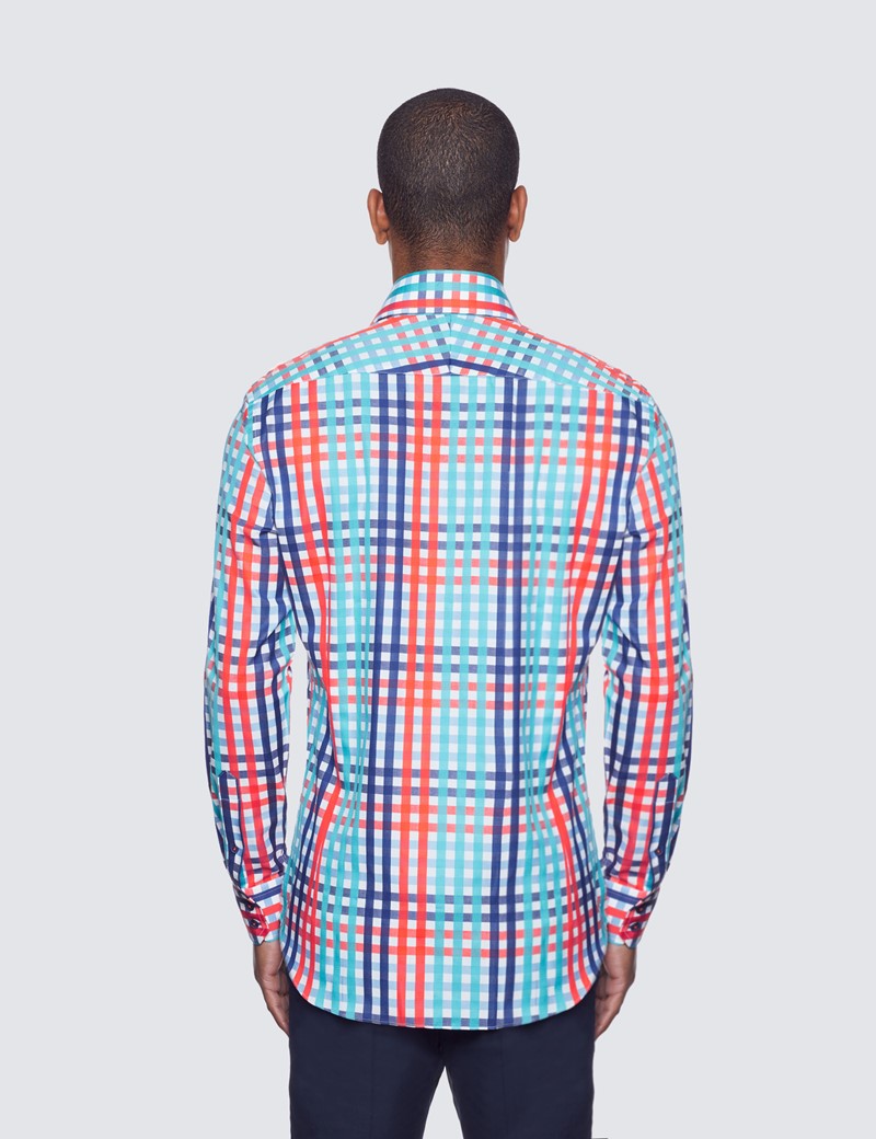 Curtis White & Navy Multi Colour Gingham Check Relaxed Slim Fit Shirt - Low Collar