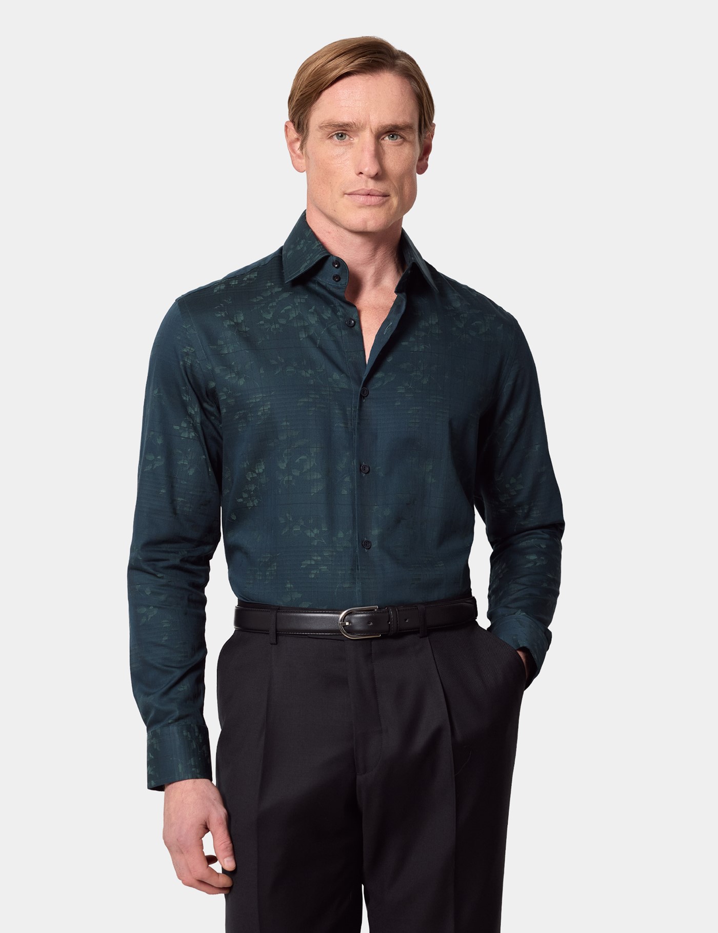 & Slim Fit Dark Green Jacquard Check Shirt Long