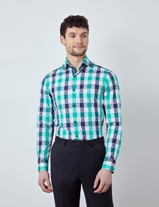 Men's Curtis Navy & Green Medium Plaid Relaxed Slim Fit Shirt – Medium Collar